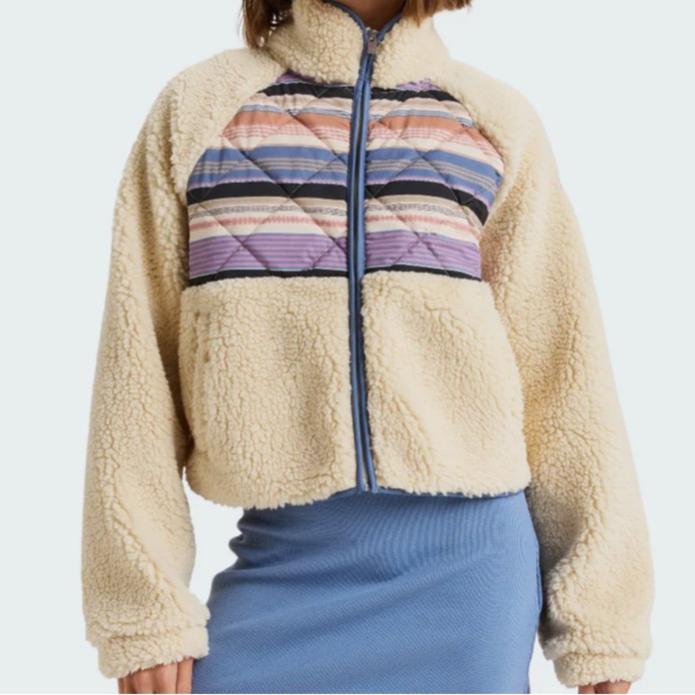 Roxy Cream Teddy Jacket with Colorful Chest Panel